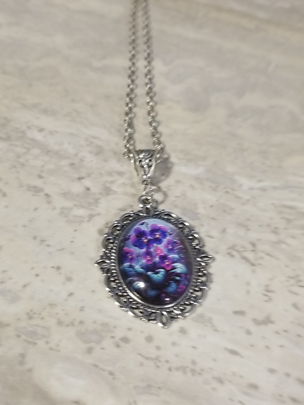 Silver-Tone Purple Floral Oval Pendant Necklace